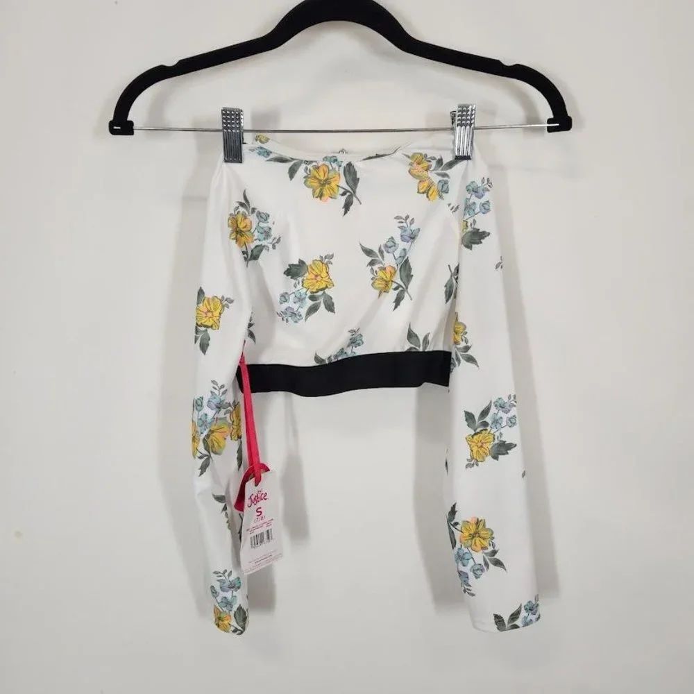 Justice Girls Long Sleeve Elastic Trim Floral Print Rash Guard Swimsuit TOP‎ Sm